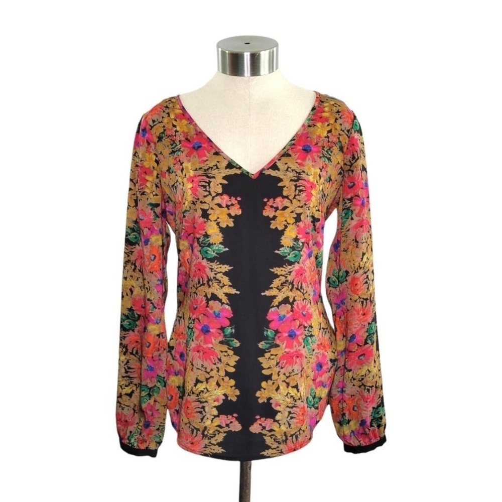 Mexx Metropolitan Black Floral Long Sleeve Dressy V-Neck Blouse Top UK 8 / US 4